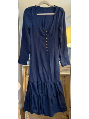 NEW Blue Western Cowgirl Long Sleeve Deep V Neck Boho Vintage Maxi Dress S thumbnail 6