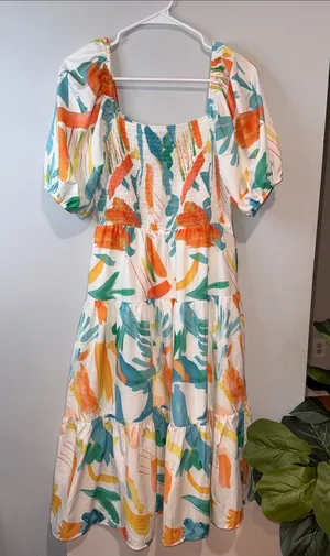Smocked Puff-Sleeve Midi Dress in White with Orange & Teal Print thumbnail 1