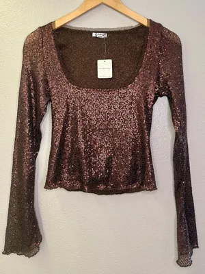 NWT Free People Intimately Late Night Disco Layering Top Sequin Hot Fudge Brown thumbnail 1