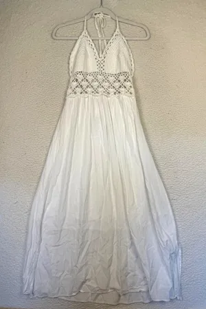 LILBETTER Dress Womens M‎ White Crochet Halter Backless Maxi Boho Bridal Beach thumbnail 1