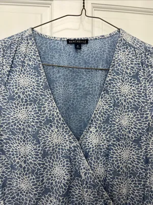 J. Crew Light Blue Denim Floral Printed Faux Wrap Mini Dress - Size Small thumbnail 3