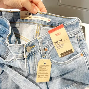 Levi's Low Pro Straight Leg Ripped Knees Released Raw Hem Jeans Blue 24 thumbnail 3