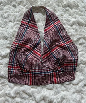 Red, White, Blue Plaid Vintage Halter Crop Top thumbnail 1