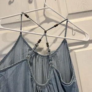 Maurices Light Wash Chambray‎ Halter Dress Beaded T-Back Empire Waist Blue Large thumbnail 9