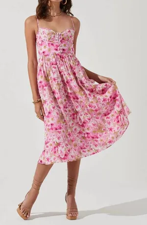 Astr the Label Ferreira Bustier Midi Dress Bright Floral Pink Women Size Small thumbnail 1