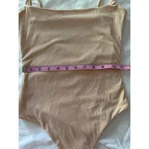 QINSEN Tan Nude Square Neck Bodysuit XS Adjustable Straps Thong Back‎ Stretch thumbnail 2