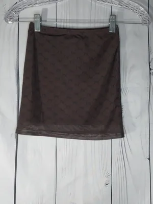 Peppermayo Abbie Print Mesh Y2K Style Bodycon Mini Skirt Chocolate Monogram thumbnail 4