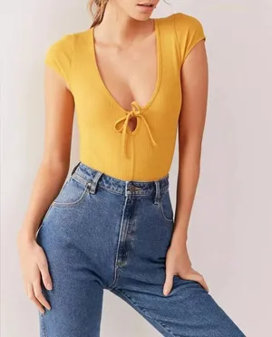 Urban Outfitters Out From Under‎ Mustard Teresa Tie-Front Ribbed Bodysuit thumbnail 1