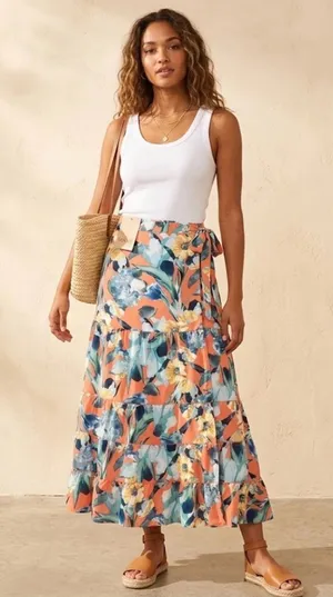 NWT Luxxel Floral Tropical Tiered Maxi Skirt Coral Blue Size Small thumbnail 1
