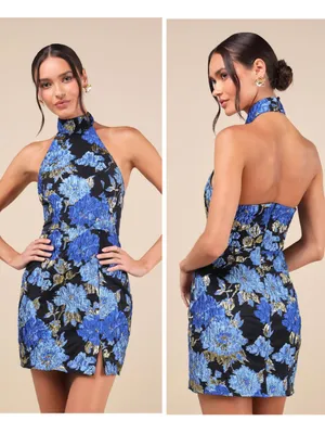 Lulus Extraordinary Impression Black Floral Jacquard Halter Mini Dress Large NWT thumbnail 2