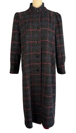 Vintage Plaid Maxi Coat Wool Blend Mock Neck Pink Blue Gray Womens Large‎ Mexico thumbnail 1