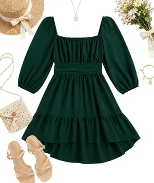 Exlura Green Square Neck Puff Sleeve High Low Mini Dress XL Cottagecore Boho thumbnail 1