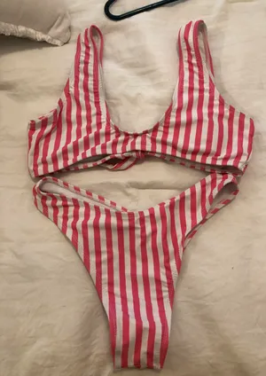Pink White Striped Bikini thumbnail 2