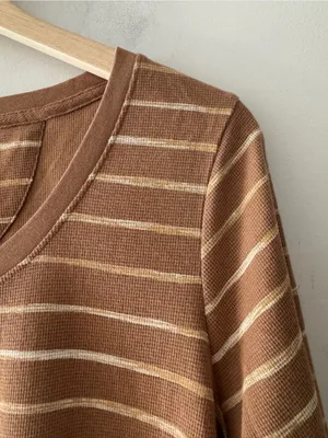 L.L. Bean Brown Stripe Henley Waffle Long Sleeve Top‎ thumbnail 3
