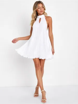 NEW Lulus Pretty Aura White Satin Plisse Mock Neck Mini Swing Summer Dress Sz XS thumbnail 5