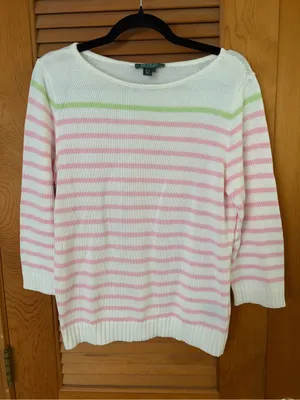 Lauren Ralph Lauren Pink White Striped Cotton 3/4 Sleeve Preppy Sweater Size L thumbnail 1