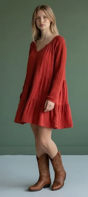 Umgee Rust Red Tiered‎ Babydoll Dress Waffle Knit Long Sleeve M5176 Mens M thumbnail 1