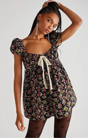 Free People Gaia Black Floral Corduroy Babydoll Mini Dress thumbnail 1