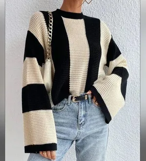 Shein ColorBlock Stripe Bell Sleeve Sweater thumbnail 1
