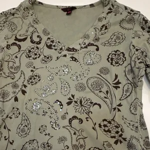 ALC Frank Women's Size L Sage Green Paisley Floral V-Neck Top Sequin Accents thumbnail 4