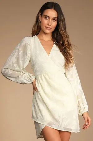 Lulus Cream Jacquard Long Sleeve Mini Dress Metallic Gold Floral Shimmer M thumbnail 1