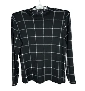 Maurices Womens Plus Size 2X Long Sleeve Black Ribbed Ruffle Neck Grid Print Top thumbnail 1