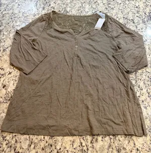 Lane Bryant Olive Lace-Yoke Henley Top thumbnail 1