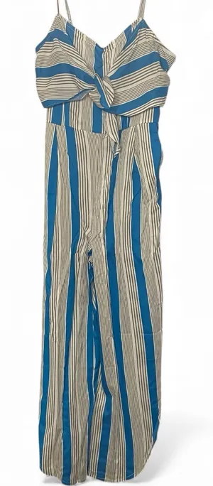 True Destiny Jumpsuit Women L Wide Leg Romper Twist Top White Turquoise Pockets thumbnail 1