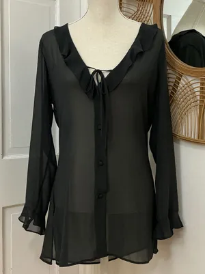 Victoria's Secret Sheer Black Ruffle Blouse M Y2K Whimsigoth Dark Academia VTG thumbnail 1