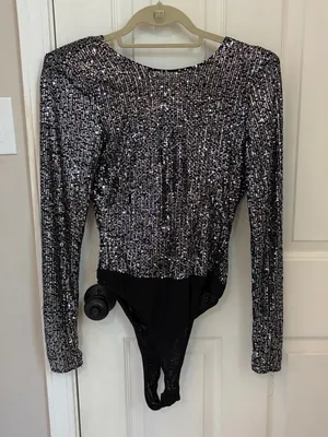 Lulus Shimmering Love Grey Sequined Cowl Back Bodysuit thumbnail 6
