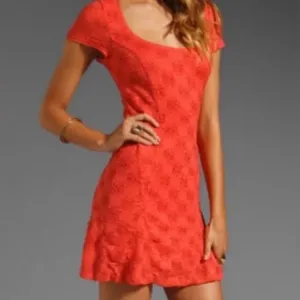 Free People Daisy Lace Godet‎ Fit & Flare Mini Dress Orange Persimmon Size Large thumbnail 2