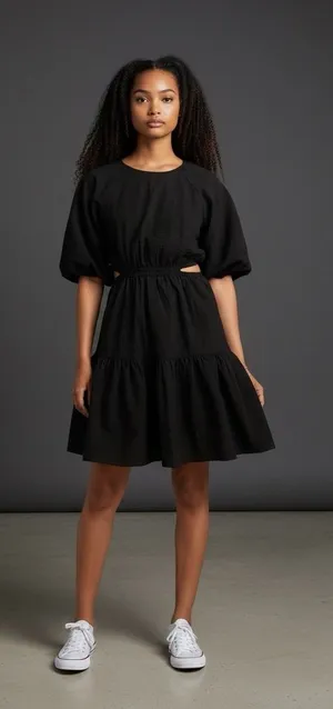 Madewell Seersucker Back Cutout Summer Dress Button Back Puff Sleeve Black‎ L thumbnail 1