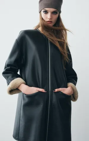 NWT!! ZARA ZW Collection Double Faced Coat Jacket Black Fleece Lining Small thumbnail 1