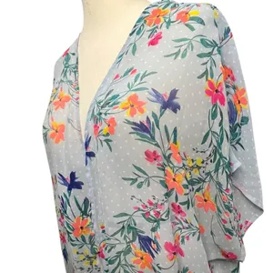 Boutique Kimono Swim Cover Up 0X-1X‎ Blue Floral Open Front Duster Resort Beach thumbnail 3