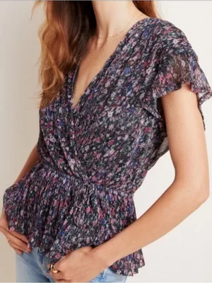 Anthropologie Dionne Metallic Ditsy Floral Blouse Large Peplum Faux Wrap thumbnail 1