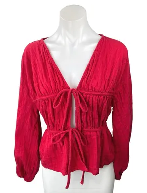 ASOS Design Red Long Sleeve Smocked V-neck Tie Front Peplum Shirt Blouse Top 10 thumbnail 1