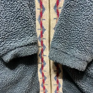 Vintage Norm Thompson Fleece Fill Zip Cardigan‎ Aztec Trim Pockets Cozy Blue M thumbnail 5