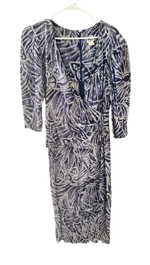 Oops California Vintage 80s Blue Abstract Batik Rayon Wrap‎ Midi Dress 13/14 thumbnail 1