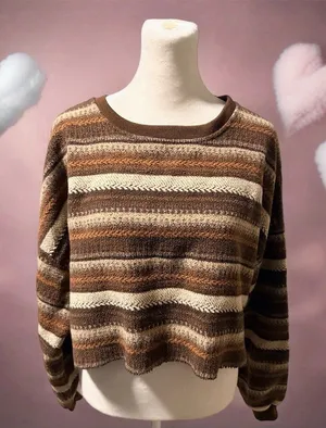 LCALE Sweater Womens L Brown Tan Cream Striped Vintage Crew Neck Knit thumbnail 1