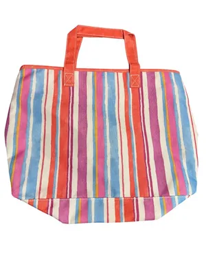 Estee Lauder Striped Tote Bag Matching Pouch Set Multicolor Coral Handles NWOT thumbnail 3
