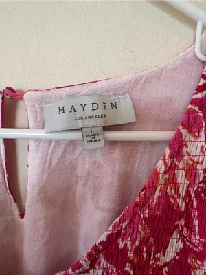 HAYDEN LA Tropical Floral Smocked Ruffled Midi Tank Dress Pink Sz Large thumbnail 5