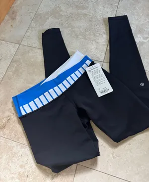 lululemon athletica Black Leggings with Blue and White Striped Waistband thumbnail 1