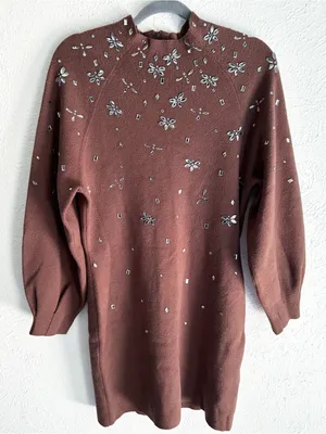 Anthropologie Sweater Dress ChocolateBrown Crystal Mock Neck Balloon Small thumbnail 1