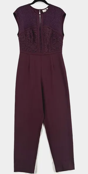 ASOS Burgundy Lace Jumpsuit Women US 6 Crochet Mesh Bodice Tapered Leg Formal thumbnail 1