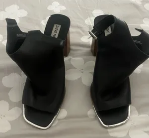 Steve Madden Black Draped Open Square-Toe Block Heel Sandals with Silver Trim thumbnail 1
