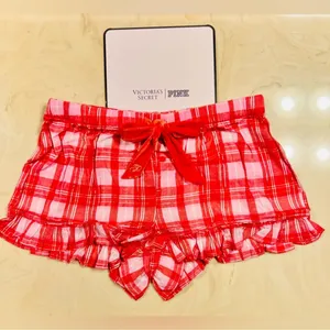 PINK VICTORIA’S SECRET Flannel Pajama Shorts Red Pink Silver Plaid Ruffle L thumbnail 8
