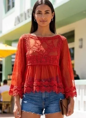 Pink Melo Red Mesh Crochet Lace Peplum Top Bell Sleeve Boho Large Festival Goth Dark Fairy thumbnail 1