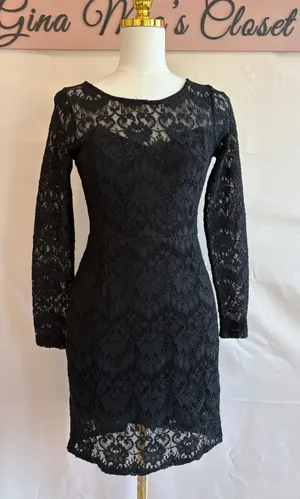 Sage Black Lace Long Sleeve Sheath Dress, Size Medium thumbnail 1