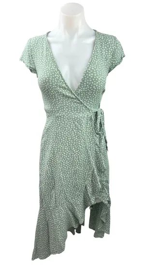 Abercrombie & Fitch Green Floral Ruffle Asymmetric V-neck Midi Wrap Dress Sz 2XS thumbnail 1