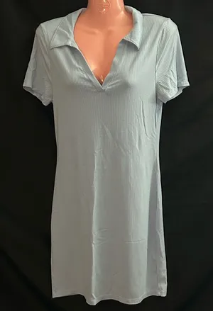 Love Tree Women Form Fitting Light Blue Collared Short Sleeve Textured Dress LG thumbnail 1